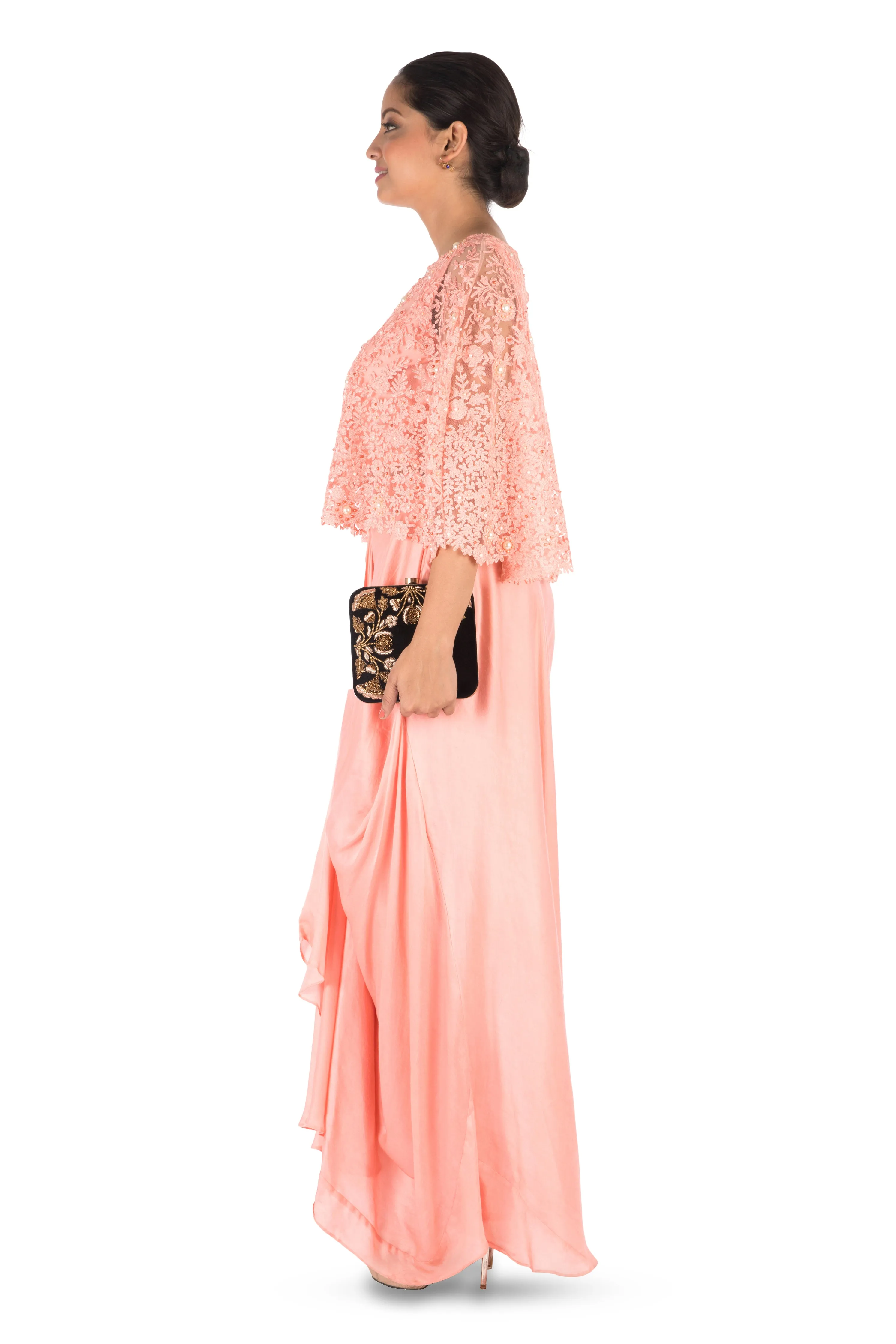Anju Agarwal Hand Embroidered Pretty Peach Drape Skirt & Cape Set