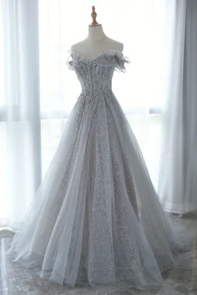 Gray Tulle Sequins Long Prom Dress, Off the Shoulder Evening Dress