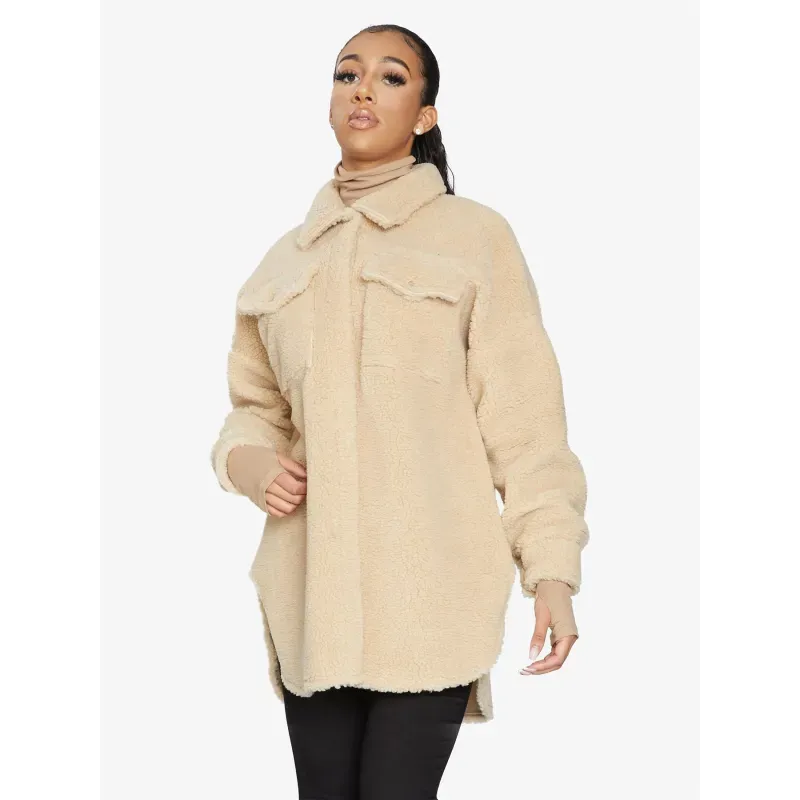 Oversized Stud Button Borg Teddy Shacket