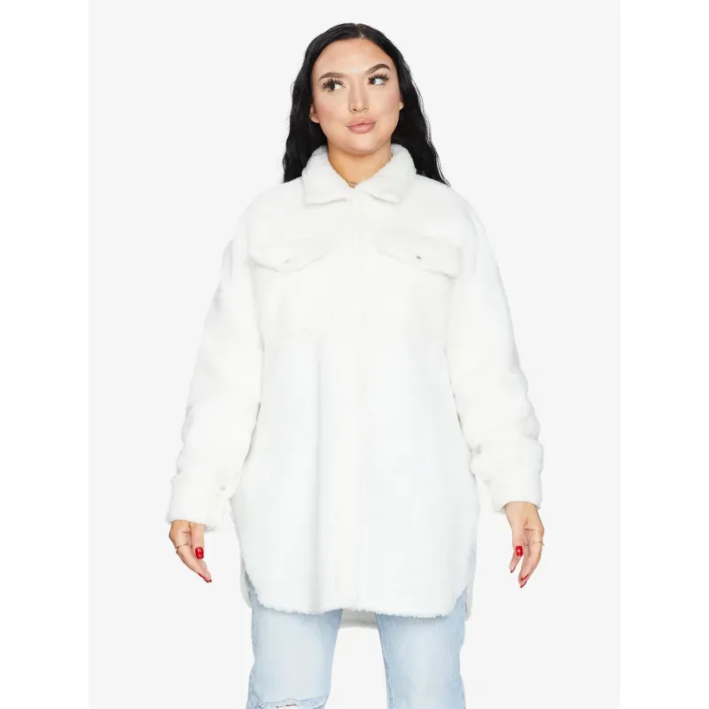 Oversized Stud Button Borg Teddy Shacket