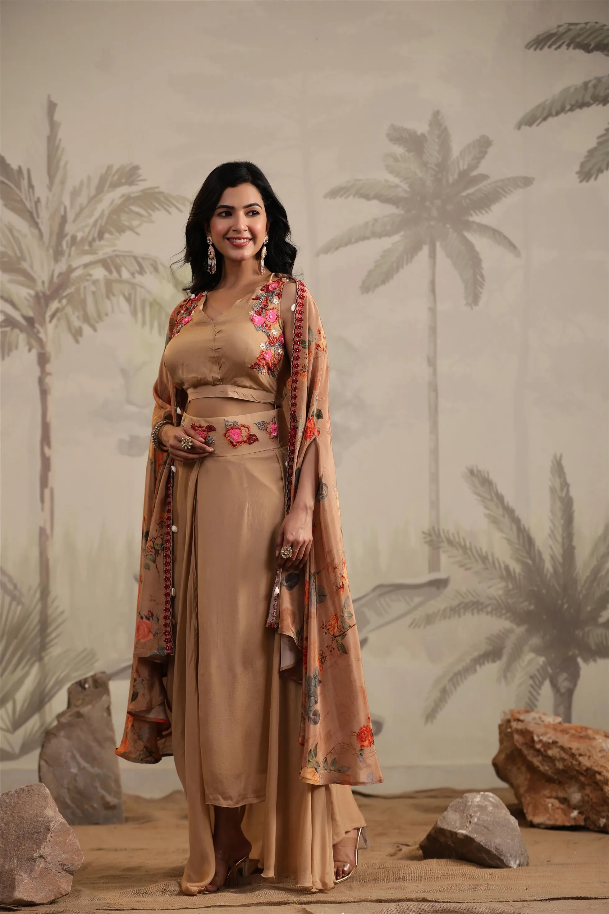 Taupe Chinon Silk Printed & Embroidered Drape Skirt Set With Cape