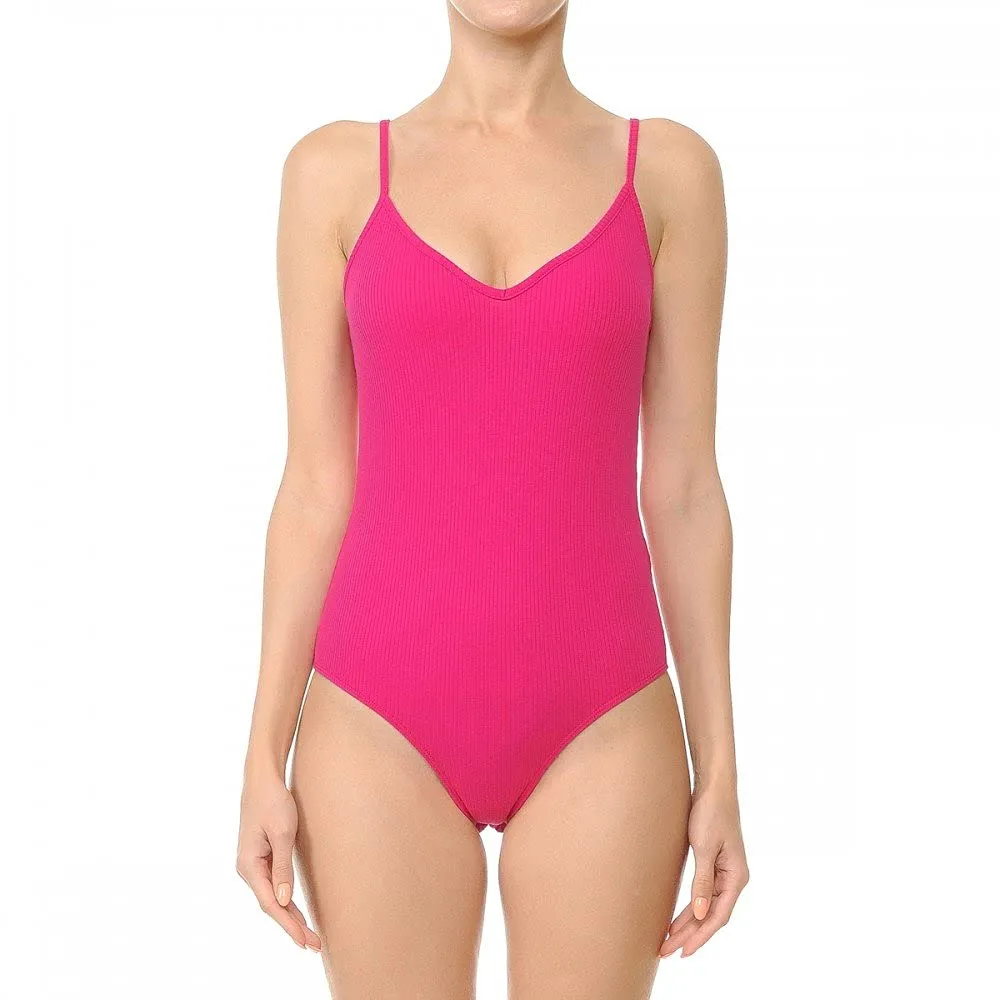 Womens-V Neck Ribbed Cami Spaghetti Strap Body Suit